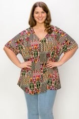 SALE!! 27 PSS-H {Bring The Party} Multi-Color Print V-Neck Top CURVY BRAND!!!  EXTENDED PLUS SIZE 4X 5X 6X (May Size Down 1 Size)