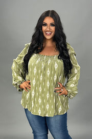 28 PLS {Let's Talk} Olive Print Square Smocked Neck Top PLUS SIZE XL 2X 3X