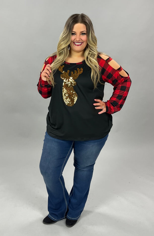 SALE!! 56 GT-A {Be A Dear} Red/Black Plaid Top W/Gold Deer PLUS SIZE 1X 2X 3X