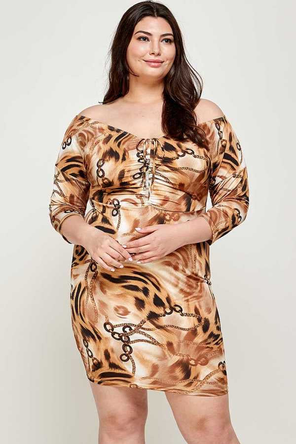 21 PSS-A {Sweet Talking} Lt. Brown Chain Print Dress PLUS SIZE 1X 2X 3X