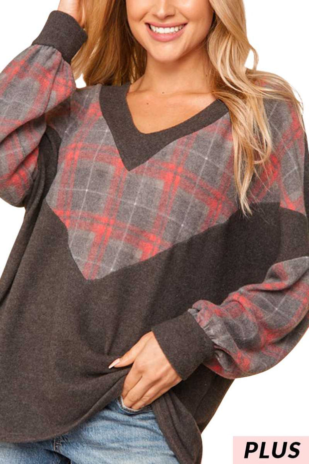 SALE! 45 CP-E {Wish I Could} Charcoal Plaid Fleece Bubble Sleeve Tunic Plus Size 1X 2X 3X