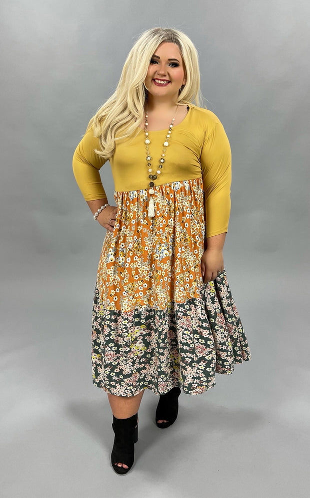 46 CP-C {Bohemian Dreams} Mustard Floral Contrast Dress PLUS SIZE XL 2X 3X