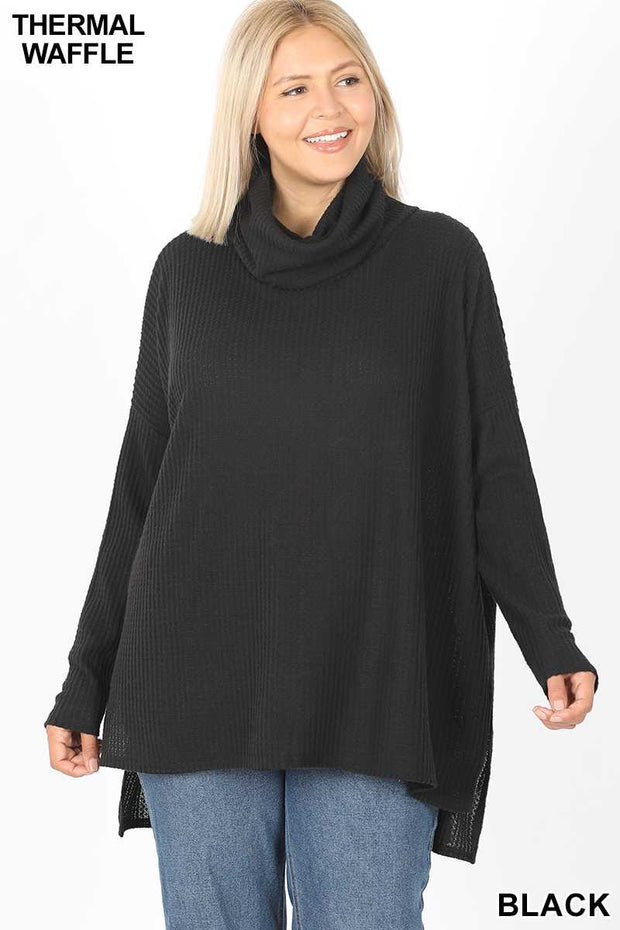 SALE!! 39 SLS-J {Good To Chill} Black Waffle Knit SALE!!  Cowl Neck Top PLUS SIZE XL 2X 3X