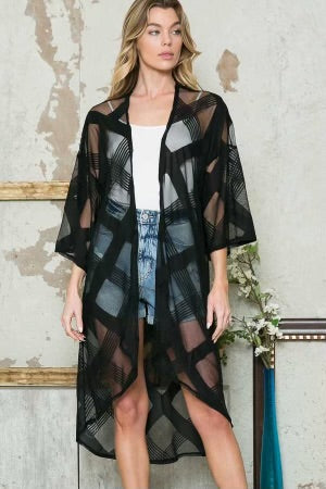 74 OT-A {Sweet Loyalty} Black Sheer Cross Print Kimono PLUS SIZES 1X 2X 3X