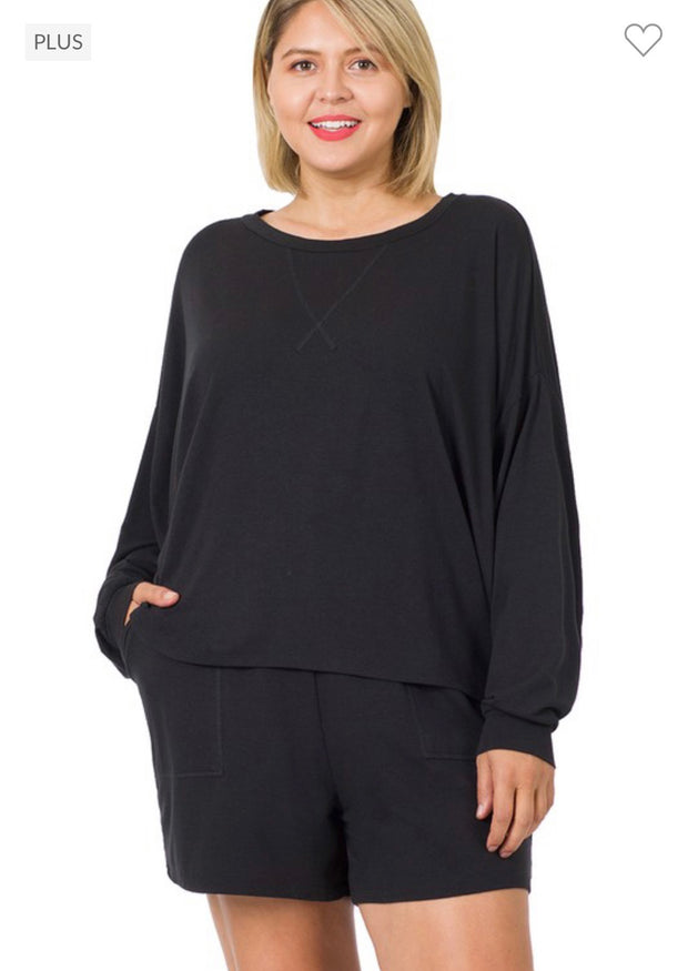 SALE!! 21 SET-D {The Good Life} Black Long Sleeve Short Set PLUS SIZE 1X 2X 3X