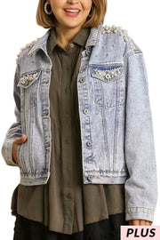 13 OT-C   {What It Takes} Umgee Lt. Denim Short Jacket W/Pearls  PLUS SIZE XL 1X 2X