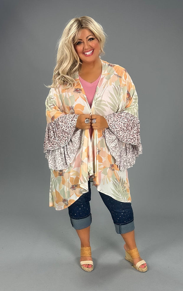 11 OT-N {Admit Your Feelings} Blush/Orange Floral Kimono PLUS SIZE XL 2X 3X