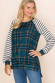 SALE!!   22 CP-T {Gotta Get Out} Blue Plaid White Striped Sleeve Top  PLUS SIZE XL 2X 3X