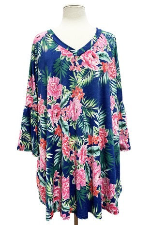 SALE!! 17 PQ-E {Paradise Has Arrived} Navy Floral V-Neck Top PLUS SIZE XL 2X 3X