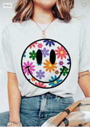 12 GT-K {Blooming Smile} White Daisy Smiley  Graphic Tee {COMFORT COTTON!!!}PLUS SIZE 1X 2X 3X