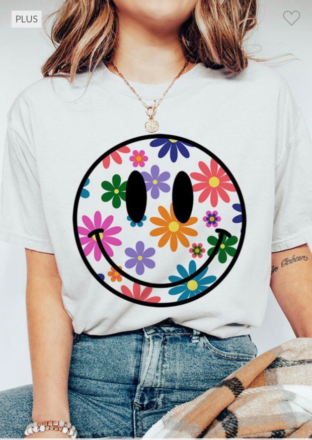 12 GT-K {Blooming Smile} White Daisy Smiley  Graphic Tee {COMFORT COTTON!!!}PLUS SIZE 1X 2X 3X