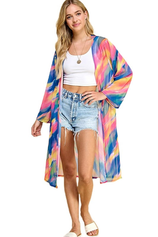 59 OT {Delicate Beauty} Blue/Pink /Yellow Tie Dye Duster PLUS SIZE XL 2X 3X