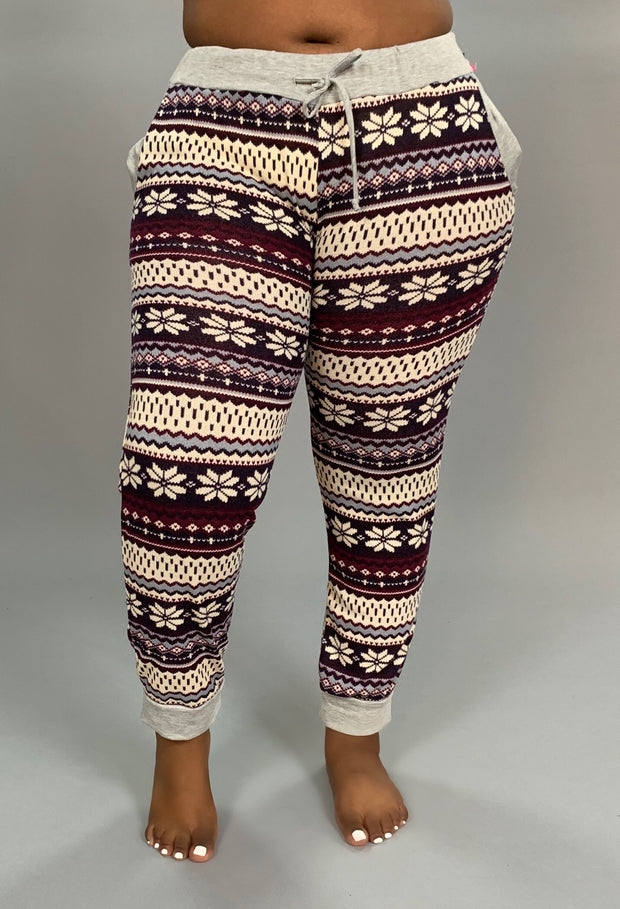 SALE!!  BT-C Plum/Ivory Snowflake Print Jogger Pants with Pockets  PLUS SIZE SALE!!