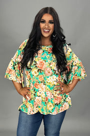 89 PQ {Simple Wishes} Green/Peach Floral Ruffle Sleeve Top PLUS SIZE XL 2X 3X