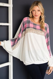 60 CP-A {That Dazzling Glow} Ivory/Pink Plaid Top PLUS SIZE 1X 2X 3X