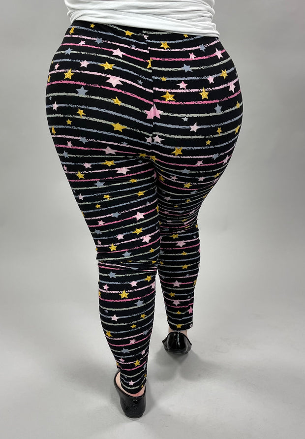 LEG-8 {Starry Skies} Stars & Stripes Black Printed Leggings EXTENDED PLUS SIZE 3X/5X