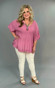 SALE!! SSS-A {Here Comes A Queen} Pink V-Neck Top with Crochet Hem