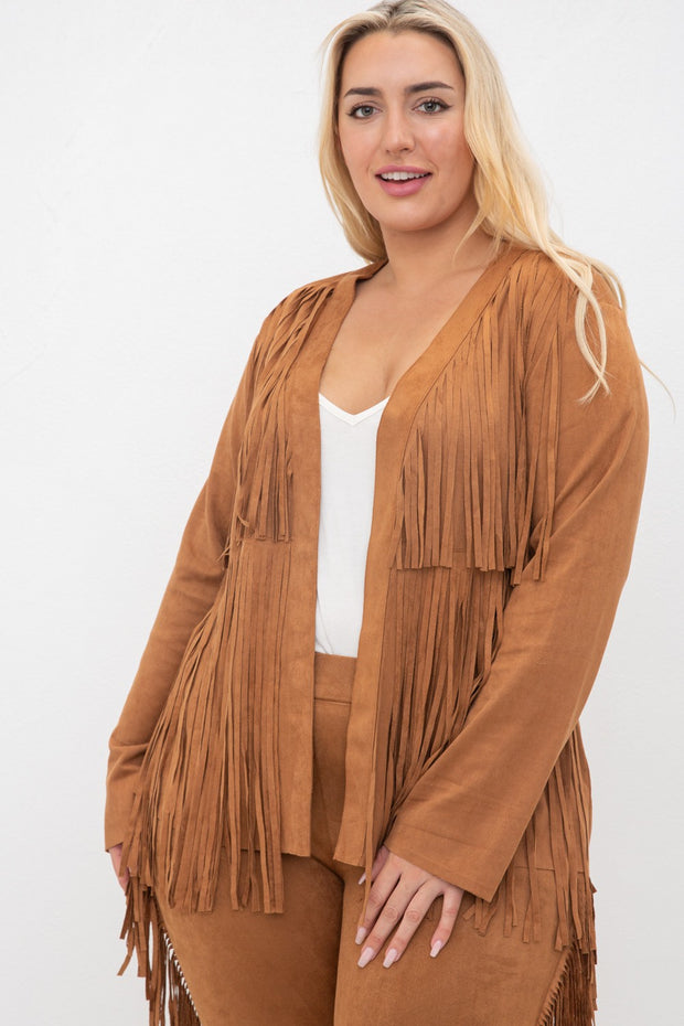 27 OT {Sweet But Spicy} VOCAL Camel Faux Suede Jacket w/Fringe PLUS SIZE XL 2X 3X