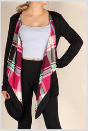 SALE!! OT-Y {Plaid Wonders} Black Cardigan Magenta & Teal Plaid Detail PLUS SIZE 1X 2X 3X