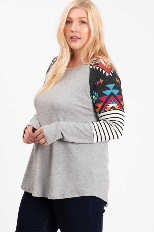 SALE! 22 CP-K {You Know How} Grey Black Tribal Printed Sleeve Top PLUS SIZE XL 2X 3X