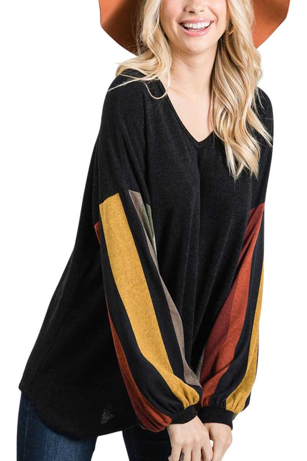 SALE!! 31 CP-A {Cozy Time}   Black Rust Striped Sleeve Top  PLUS SIZE XL 2X 3X