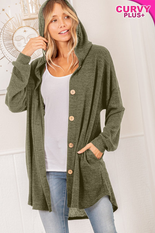 36 OT {Embrace The Chill} Olive Button Up Cardigan w/Hood PLUS SIZE 1X 2X 3X