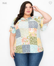 52 PSS-A {Anticipating Love} Multi-Color Print  Smocked Neck Top PLUS SIZE XL 2X 3X