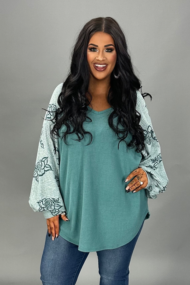 SALE!! 13 CP {How Beautiful} Teal V-Neck Floral Sleeve Top PLUS SIZE XL 2X 3X