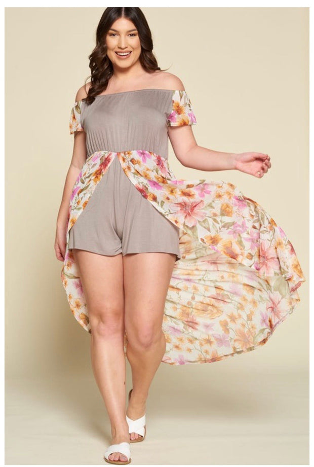 SALE!! RP-C {Sheer Goddess} Olive Sheer Tan  Romper Floral Overlay