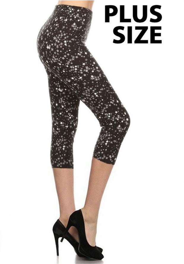 SALE!! LEG-39 {Sky Life) Black Star Butter Soft Capri Leggings Plus Size