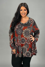 25 PLS {Cutest Catch} Rust Mandala Print V-Neck Top PLUS SIZE XL 2X 3X