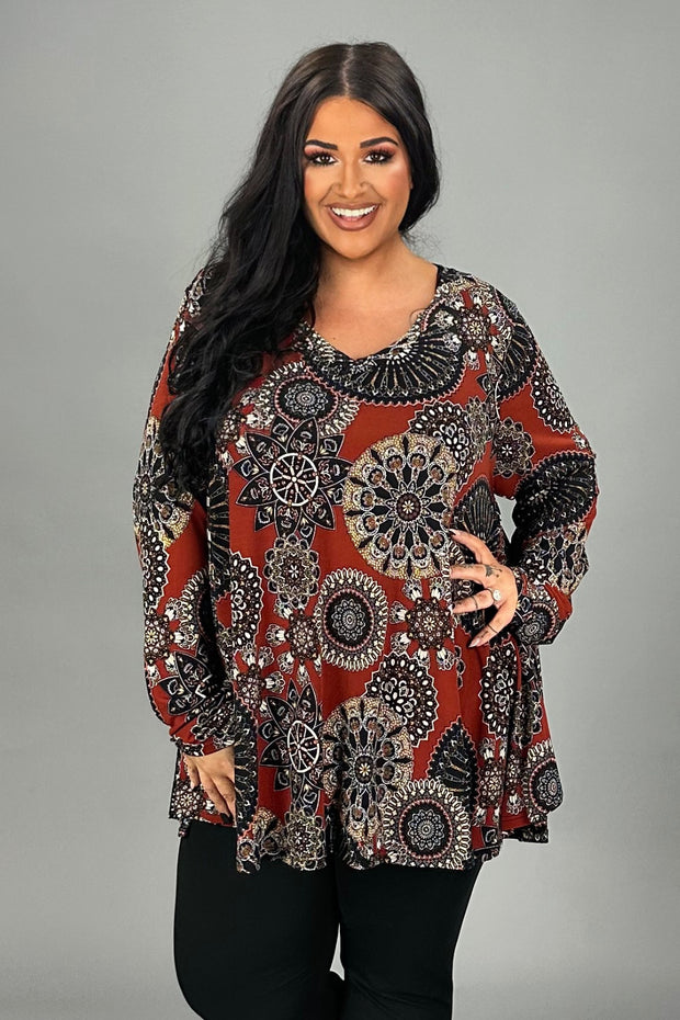 25 PLS {Cutest Catch} Rust Mandala Print V-Neck Top PLUS SIZE XL 2X 3X