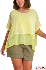 40 CP-A {Lemoncello} Umgee Yellow Swiss Dot Chiffon Top PLUS SIZE XL 1X 2X