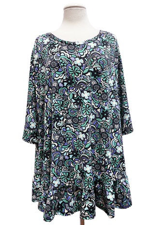 SALE!! 32 PSS {Only One For Me} Green/Black Print Ruffle Hem Top EXTENDED PLUS SIZE 4X 5X 6X