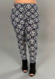 LEG-K Blue & White Damask Print Leggings PLUS SIZE