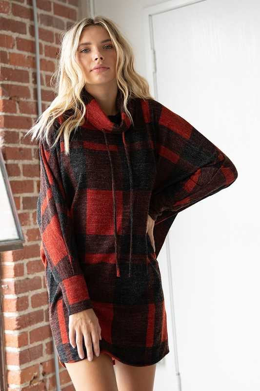 23 PLS-A {State Of Grace} Red Plaid Cowl Neck Tunic PLUS SIZE XL 2X 3X