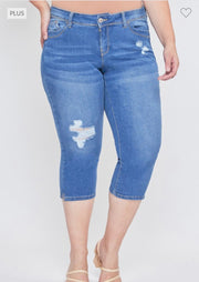 LEG-I {Royalty For Me} Med. Blue Ripped Capri Jeans  EXTENDED PLUS SIZE 14 16 18 20 22 24