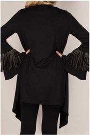 45  OT-B {Double Shot} Black Cardigan With Gold Studded Fringe Plus Size 1X 2X 3X