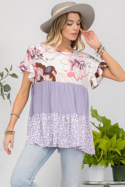 76 CP-B {Lift Your Spirits} Lilac Floral Tiered Top PLUS SIZE 1X 2X 3X