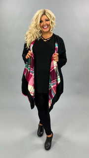 SALE!! OT-Y {Plaid Wonders} Black Cardigan Magenta & Teal Plaid Detail PLUS SIZE 1X 2X 3X