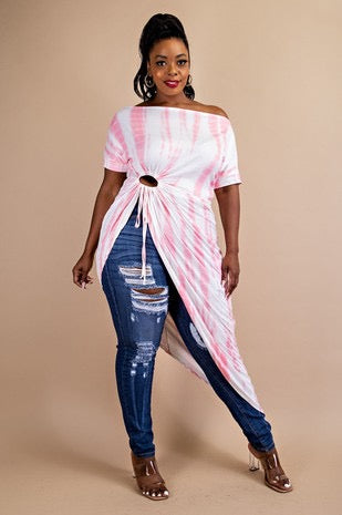 SALE!! LD-K {Pink Icing} Pink/White Tie Dye Top w/Keyhole Side Tie PLUS SIZE 1X 2X 3X