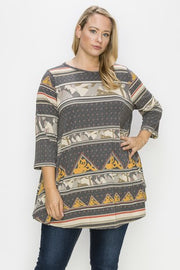 36 PQ {Pyramid Surprise} Charcoal Mixed Print Top PLUS SIZE XL 2X 3X