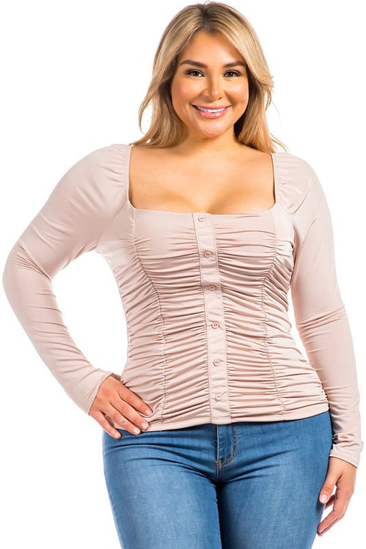 45 SLS-A {So Much Fun} Taupe Ruched Square Neck Top PLUS SIZE XL 2X 3X