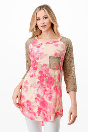 SALE!! 98 CP-A {Work For You} Bright Pink Floral Mocha Lace Sleeve Top PLUS SIZE 1X 2X 3X