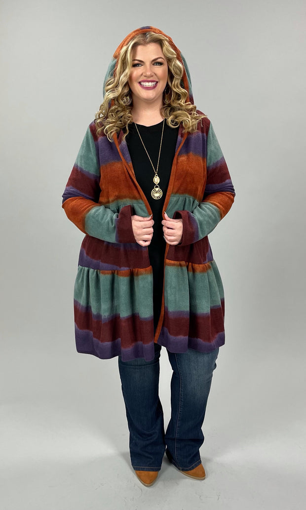 37 OT-E {Positive Steps} Rust Multi-Color Stripe Cardigan  W/Hood PLUS SIZE 1X 2X 3X