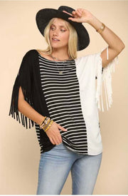 88 CP-A {Leader Of The Pack} Black/Ivory Striped Top W/Fringe PLUS SIZE 1X 2X 3X