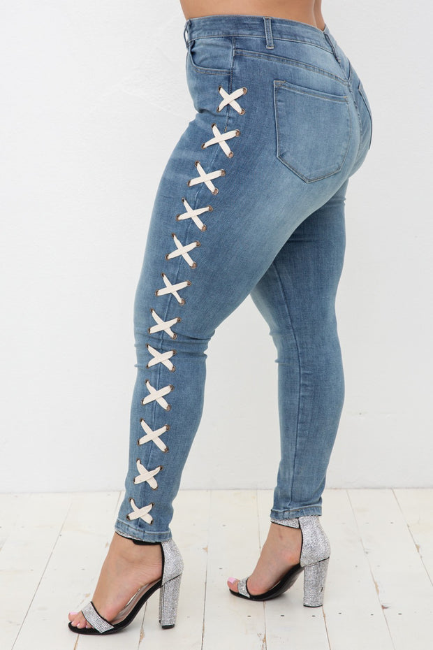 LEG-W {Vocal Criss Cross} Blue Jeans w/Side Criss Cross PLUS SIZE XL 2X 3X