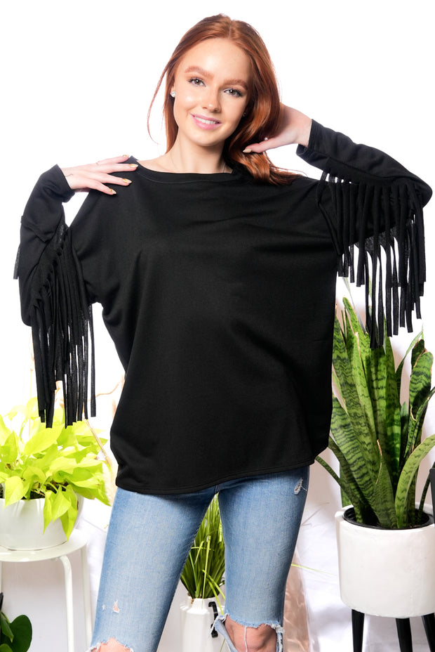 51 SD {Feeling At Peace} Black Top w/Fringe Sleeves PLUS SIZE XL 2X 3X