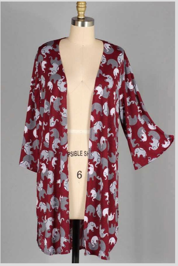 72 OT-C {Trunks Away} Burgandy Elephant Print Cardigan Plus Size 1X 2X 3X