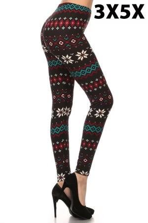 LEG-66 {Under The Pines} Black Snowflake Print Leggings EXTENDED PLUS SIZE 3X/5X